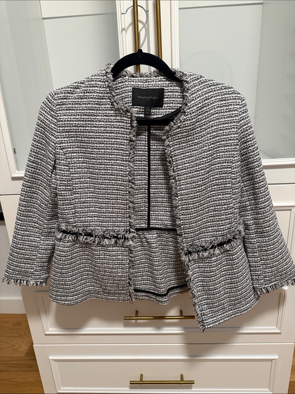 Banana Republic Black & White Tweed Fray-Trim Cropped Jacket